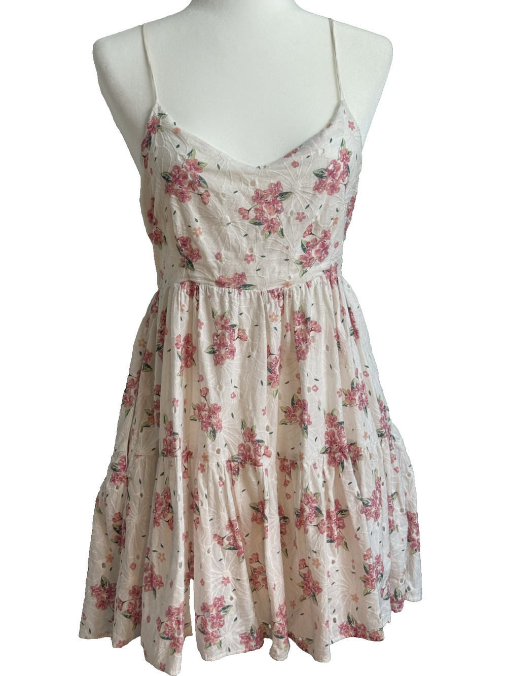Women's Pink Floral Tiered Mini Dress Spaghetti Strap Ruffle Trim Summer Size M